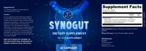 SynoGut nutrition label and supplement facts. 