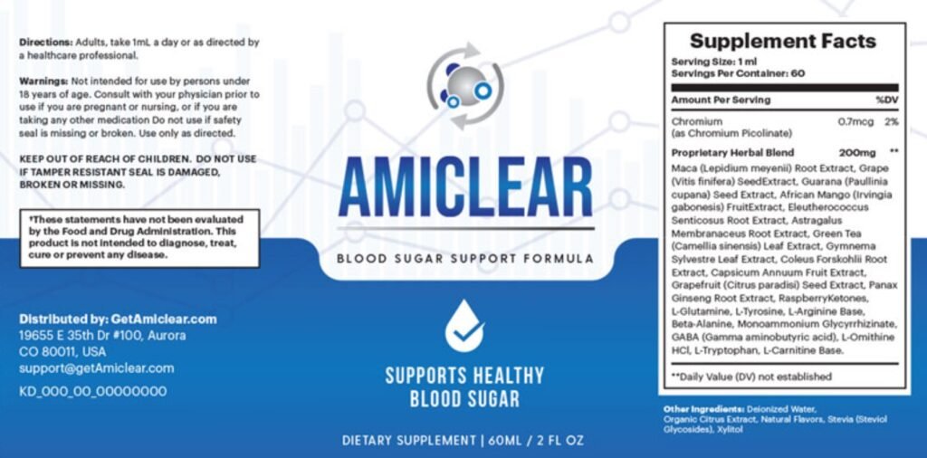 Amiclear blood sugar support formula label and supplement facts. 